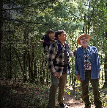 Two men hiking in the woods with a young child in a back harness